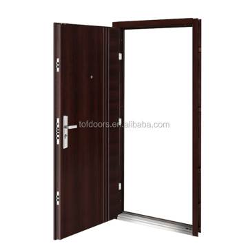 Puertas de acero de seguridad de la puerta de hierro de acabado de madera marrón con mango inoxidable para el precio de la venta